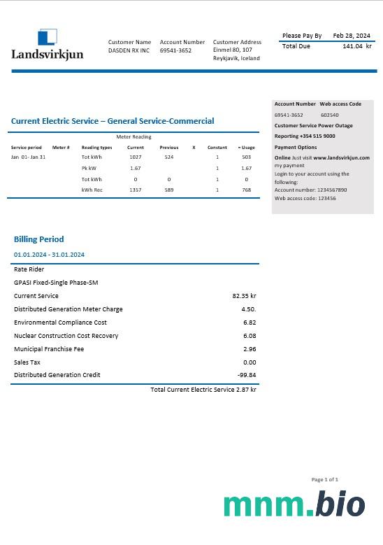 Iceland National Power Company of Iceland Landsvirkjun szablon rachunku za energię elektryczną w formatach Word i PDF
